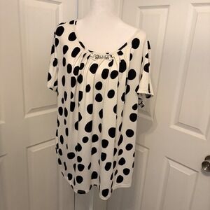 Liz & Lilli 3X White Black Polka Dot Blouse Rhinestone Accent Retro Classic EUC